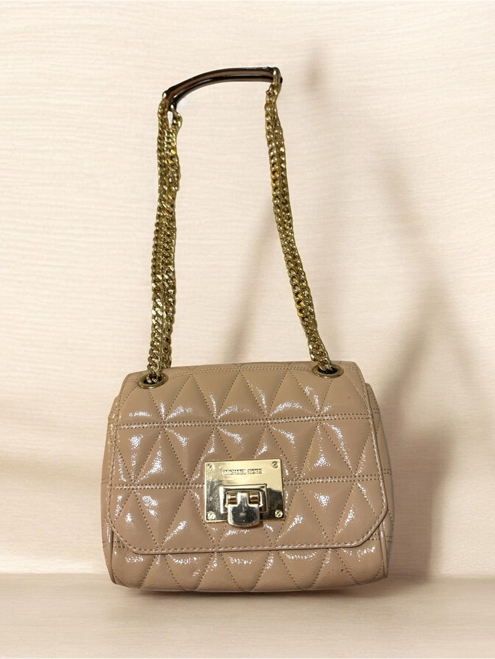 Michael Kors Taupe Quilted Patent Leather Shoulder Bag with Gold Chain